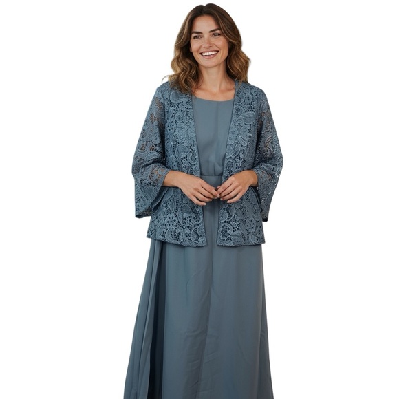 Women’s Steel Blue A-Line Dress with Lace Shrug Sz 14 NWT - Picture 1 of 7